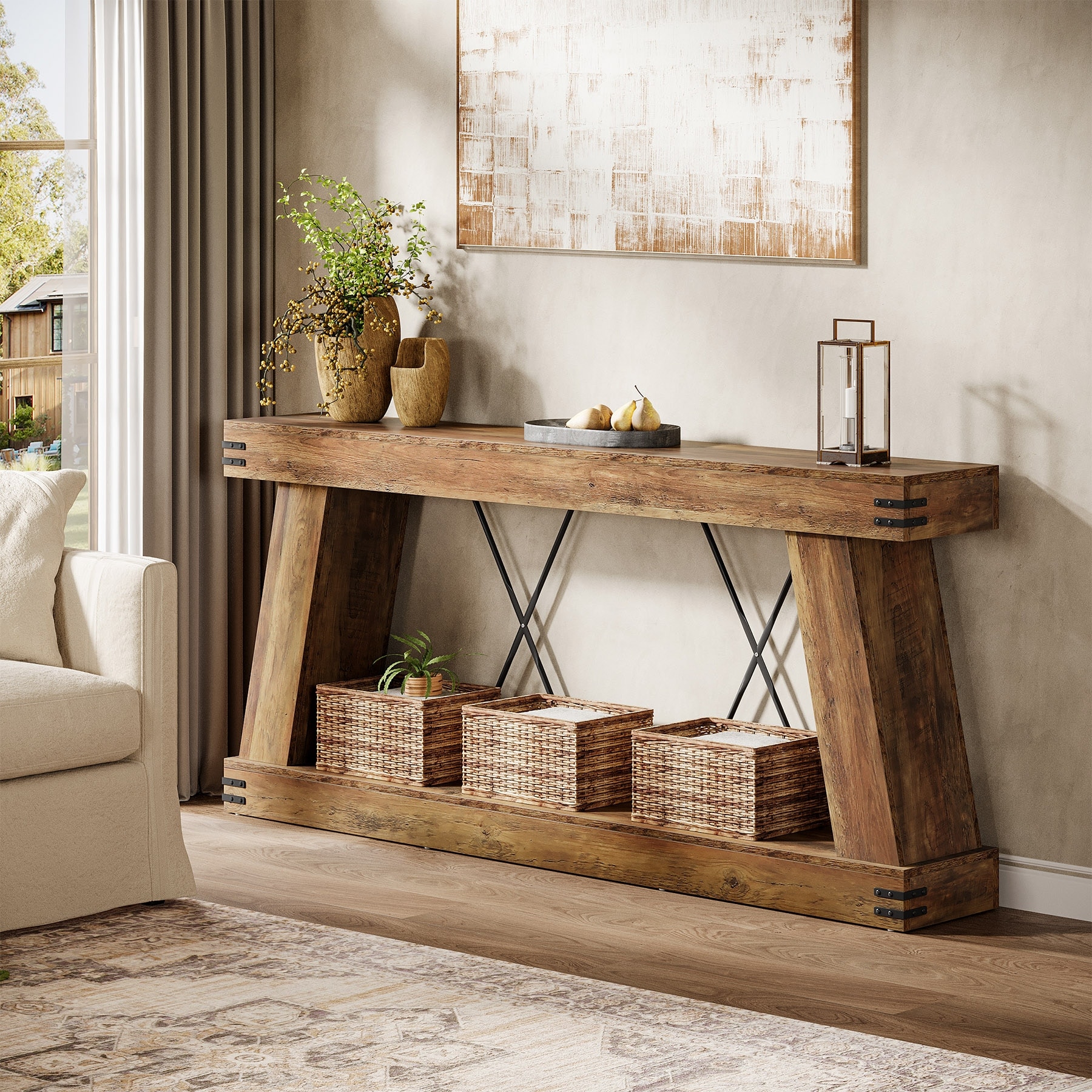 70.9” Farmhouse Console Table, Brown Entryway Table with Storage - Large