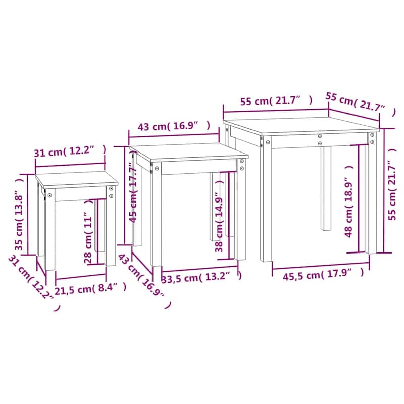 vidaXL Nesting Table White Solid pine wood Small Stackable - 21.7 x 21.7 x 21.7 in