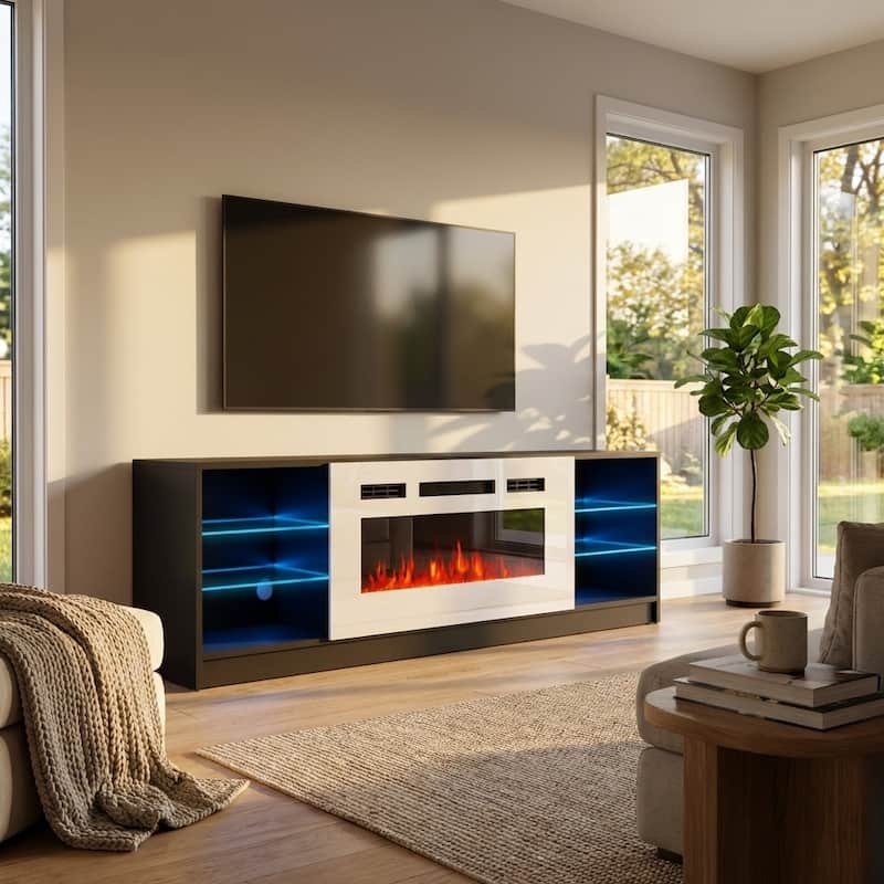 Meble Furniture Boston 79" Electric Fireplace TV Stand with 40" Fireplace Insert and LED Shelf Lighting