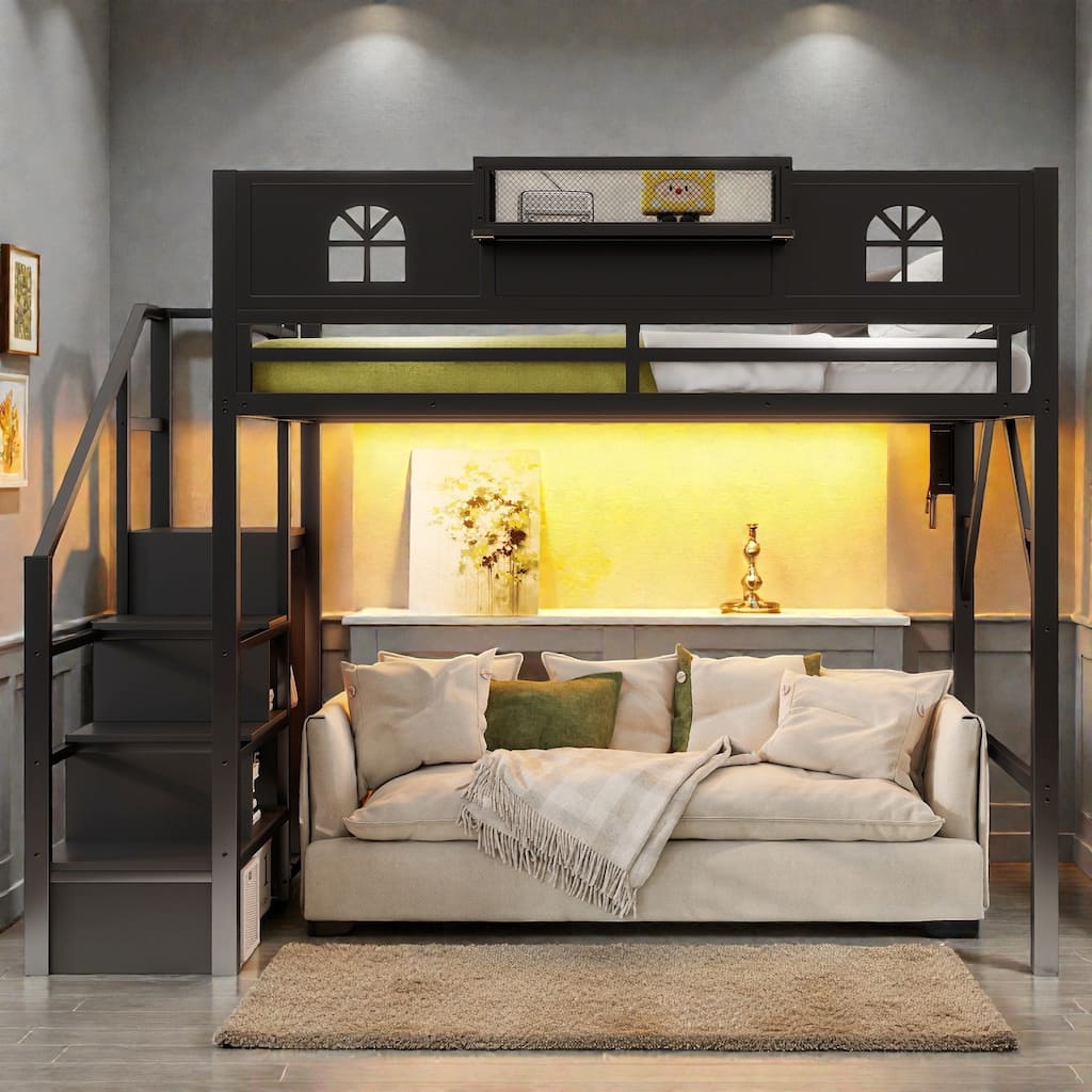 Metal Loft Bed with Stairs and Wardrobe, House Shaped High Guardrails Loft Bed for Kids Teens