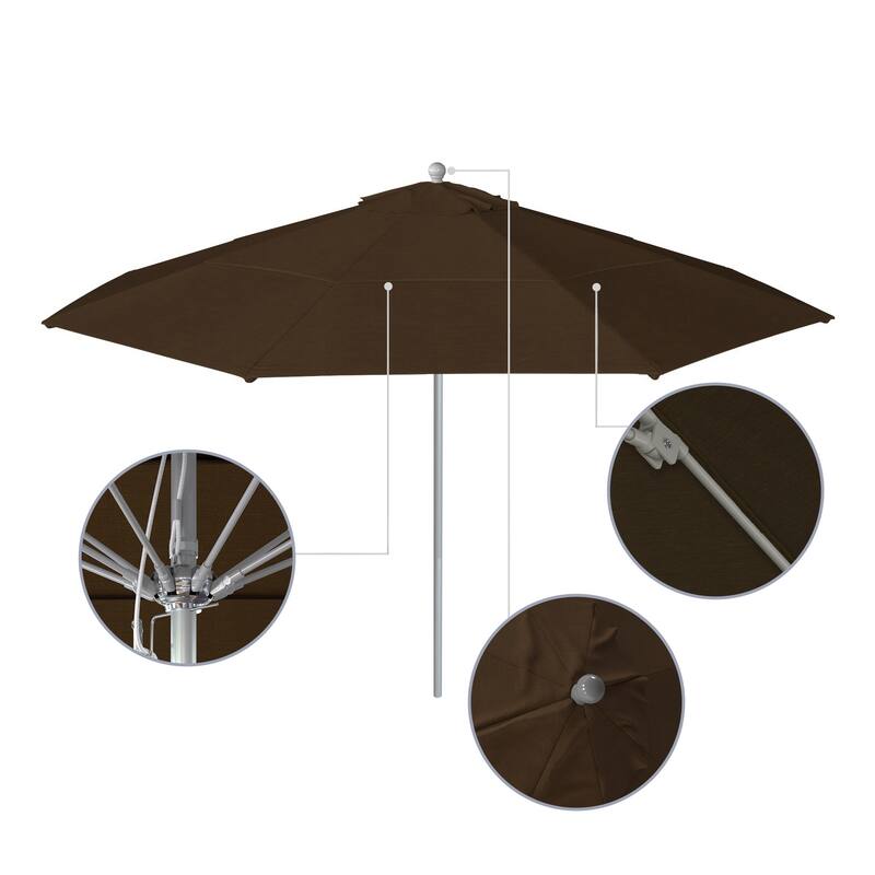 California Umbrella 11' Rd Aluminum Frame, Fiberglass Rib Market Umbrella, Push Open, Anodized Silver Finish, Olefin Fabric