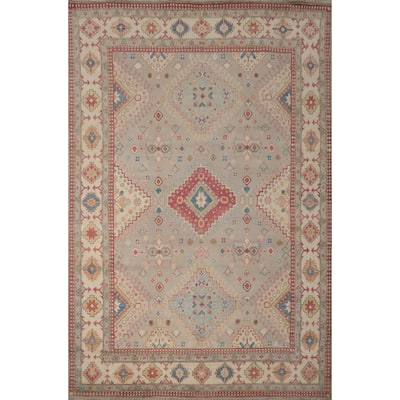 Hand Knotted Oriental 100% Wool Carpet Traditional Geometric Greys & Charcoal Kazak Area Rug - 11' 6'' X 8' 11''