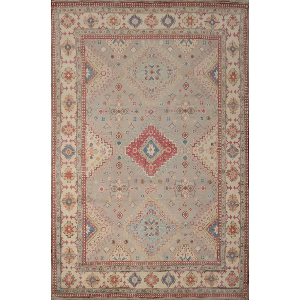 Hand Knotted Oriental 100% Wool Carpet Traditional Geometric Greys & Charcoal Kazak Area Rug - 11' 6'' X 8' 11''