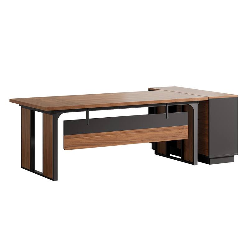 63-Inch L-Shaped Executive Desk with 47-Inch File Cabinet, Brown and Black