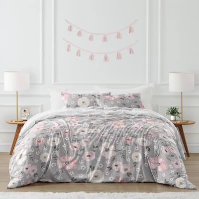 Grey Watercolor Floral Girl 3pc Full Queen Comforter Set - Blush Pink Gray White Shabby Chic Rose Flower Polka Dot Farmhouse