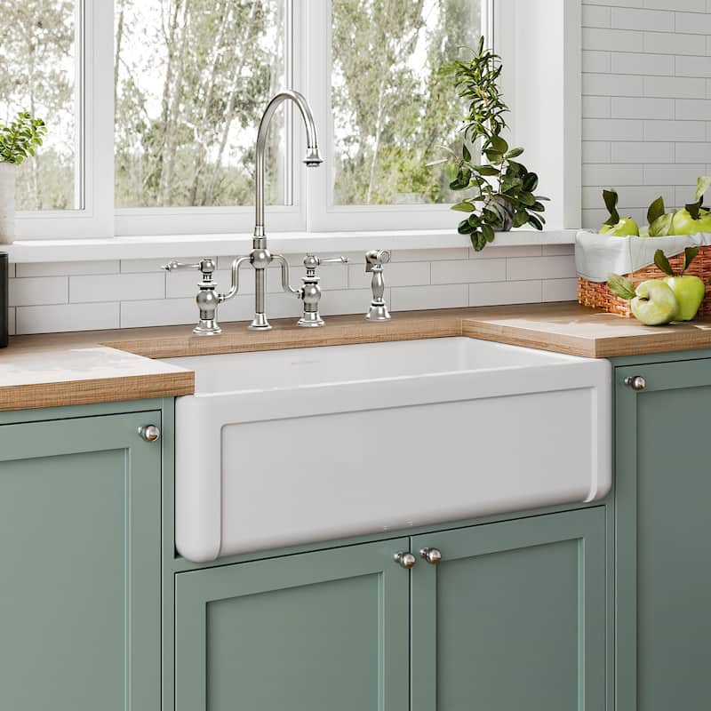 Reversible Fireclay Kitchen Sinks With Grid Three Edge Frame, Plain Front Apron