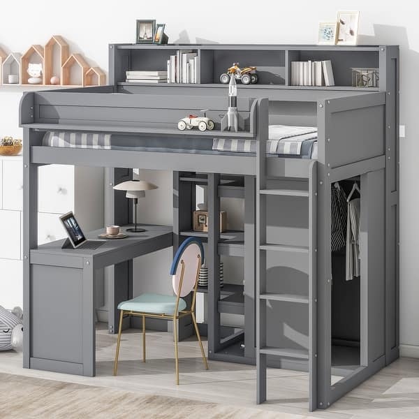 slide 2 of 7, Gray Twin Size Wood Loft Bed with Multiple Storage Shelves, Wardrobe, and Built-in Desk Gray