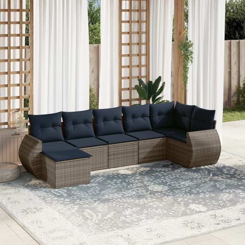 vidaXL 7 Piece Patio Sofa Set with Cushions Grey Poly Rattan - 24.4" x 24.4" x 27.2" - Grey and blue Without table