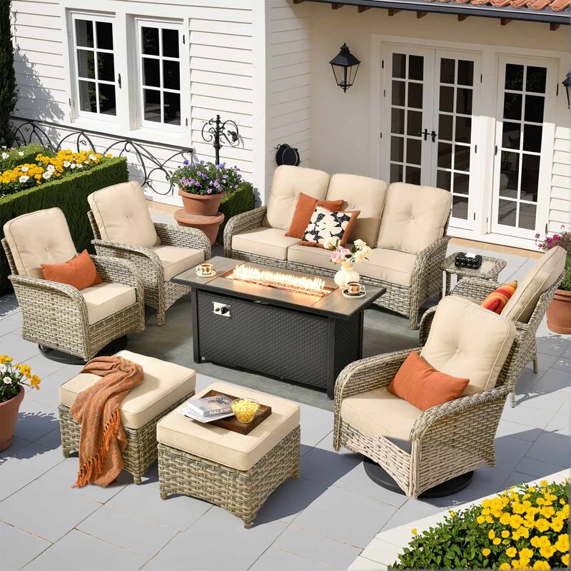 HOOOWOOO 9-piece Outdoor Wicker Patio Furniture Swivel Rocking Chair Set with Fire Pit - Beige