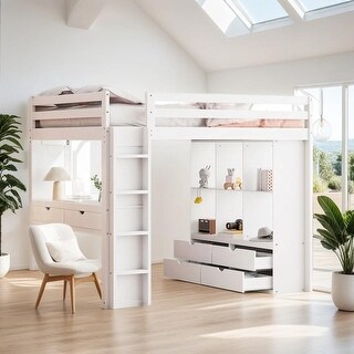 Eye-catching Design Full Size Loft Bed with large shelves, Desk and LED Light, Maximum storage space, Versatility galore, White