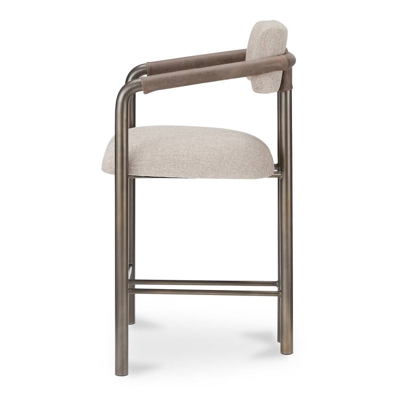 Title: NADAAL STUDIOS Dastan Counter Stool, Leather Wrapped Arms, Iron Frame, Upholstered Seat, Brown