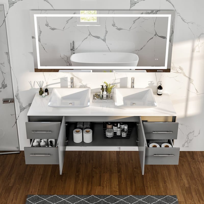 Eviva Wave 60" Gray DS Bath Vanity with Quartz Top & Vessel Sinks