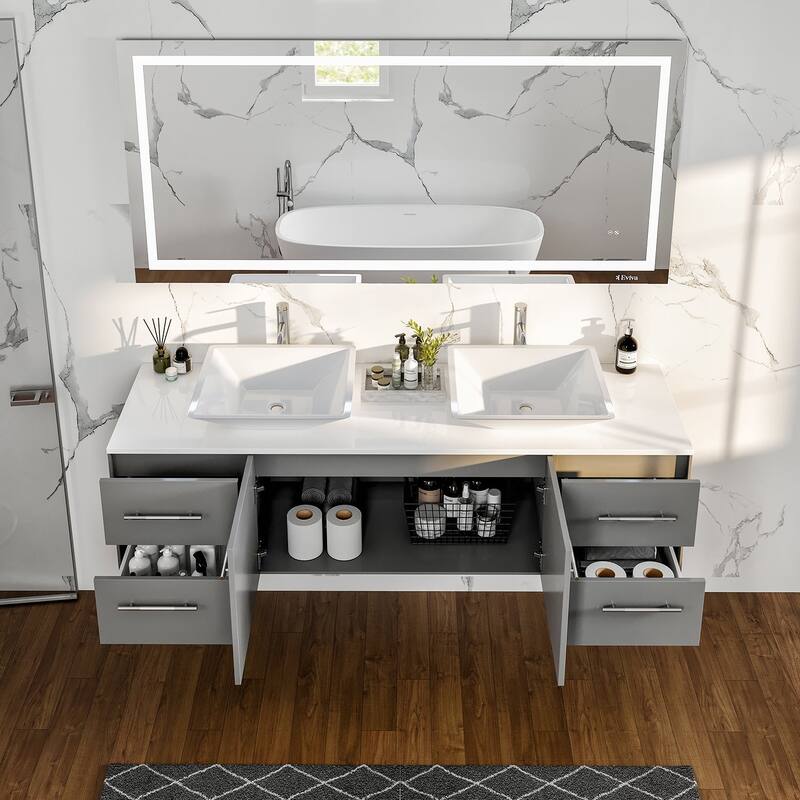 Totti Wave 72 inch Gray Modern Double Sink Bathroom Vanity with White Glassos Countertop & Porcelain Vessel Sinks