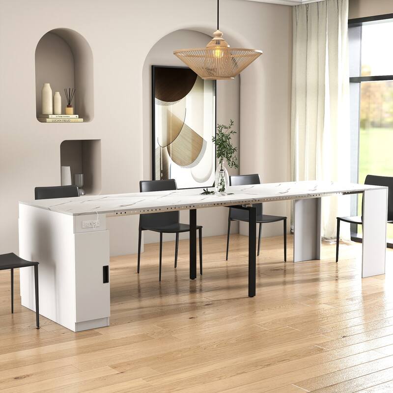 Modern Extendable Dining Table with Outlet & Storage, Space-Saving Expanding Table for Party & Meetings