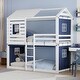 preview thumbnail 10 of 12, Twin Size Bunk Wood House Bed with Tent Blue+White