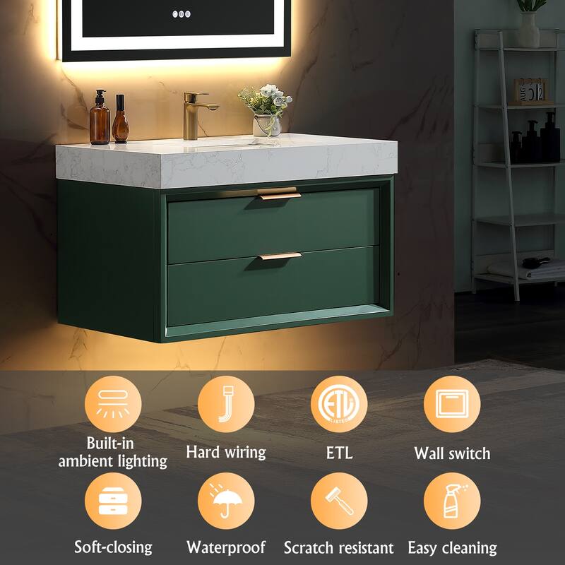 36/48/60 Modern LED Floating Bathroom Vanity with Single/Double Sink & Soft-Close Drawers & Waterproof, Green
