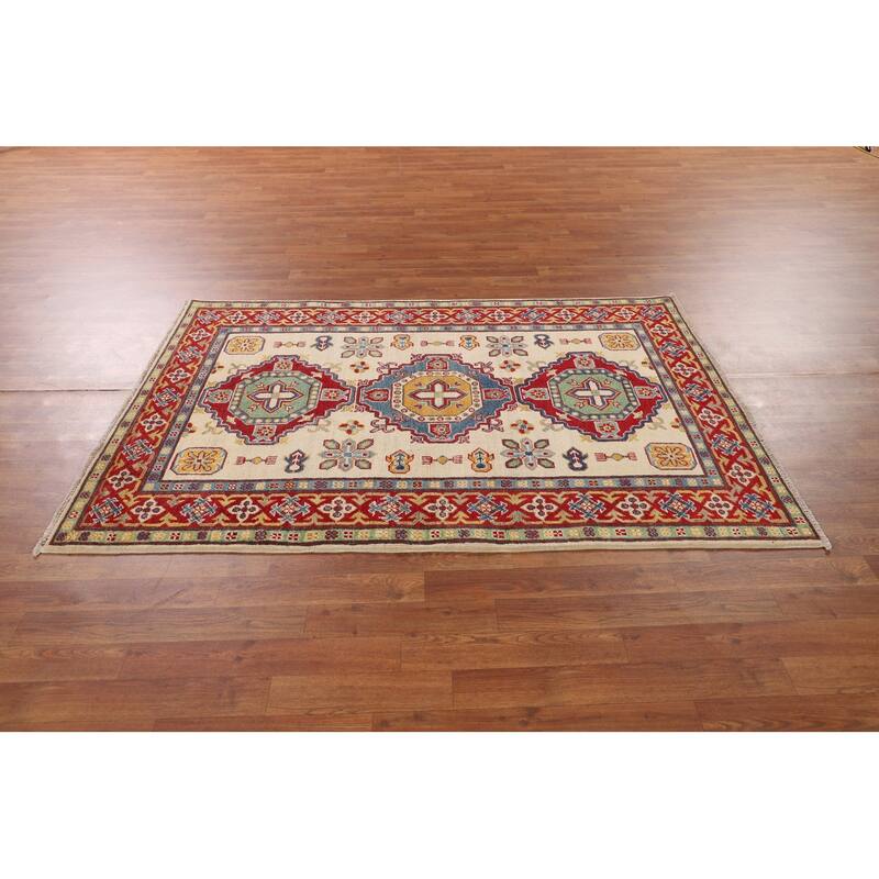 Kazak Area Rug Hand-Knotted Oriental Beige Wool Carpet - 4'0" x 6'0"