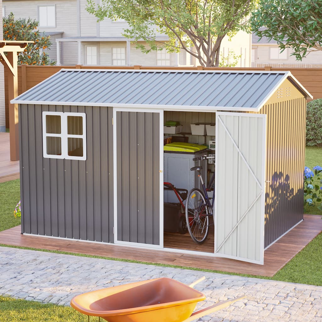 10'x8' Oversized Steel Storage Shed with Window, Lockable Doors & Sloped Roof, Heavy Duty Outdoor Tool Shed for Garden, Patio