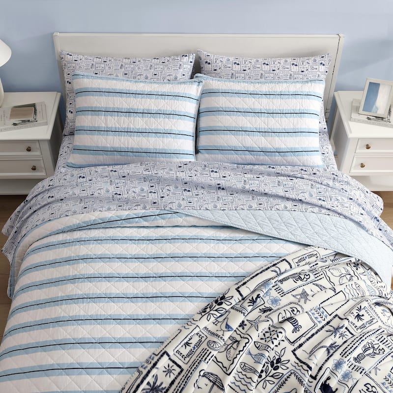 Nautica Tim Stripe Blue Cotton Reversible Quilt Set