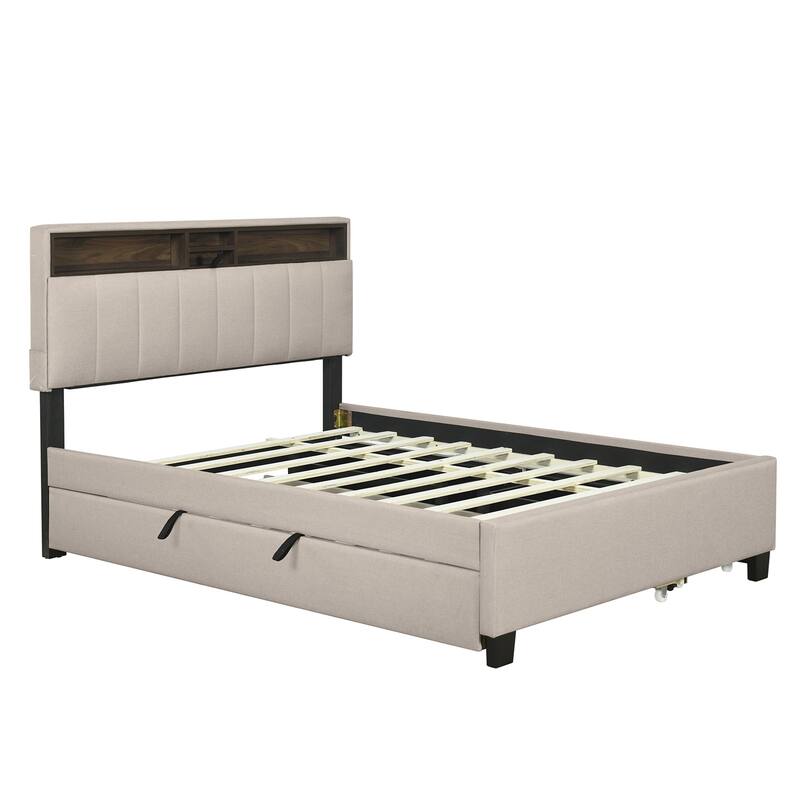 Full size Upholstered Platform Bed with Twin Size Trundle & 2 Drawers - Beige