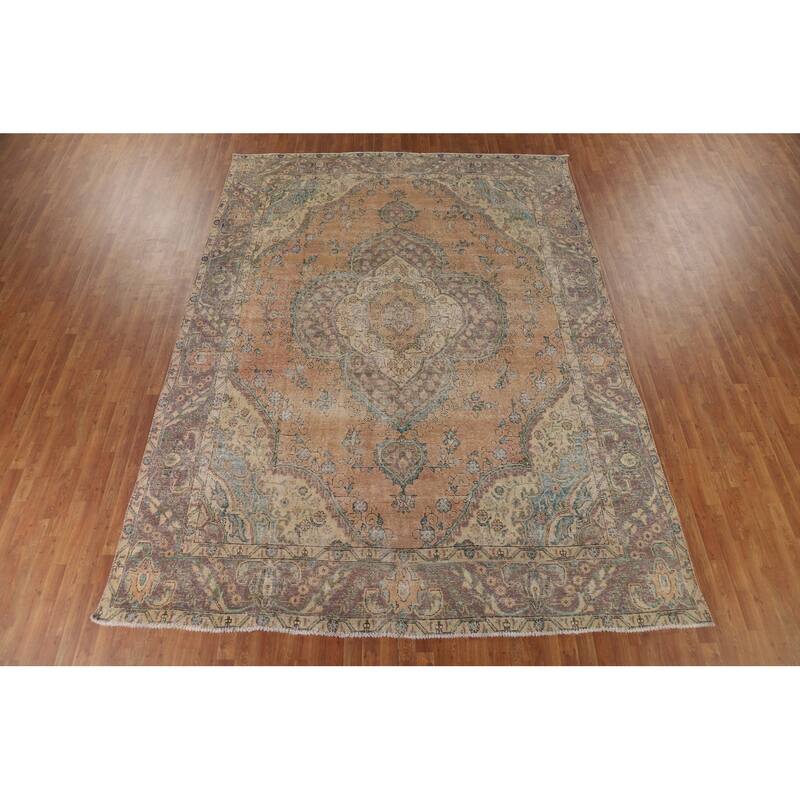 Distressed Tabriz Persian Antique Area Rug Hand-Knotted Wool Carpet - 9'6" x 12'8"