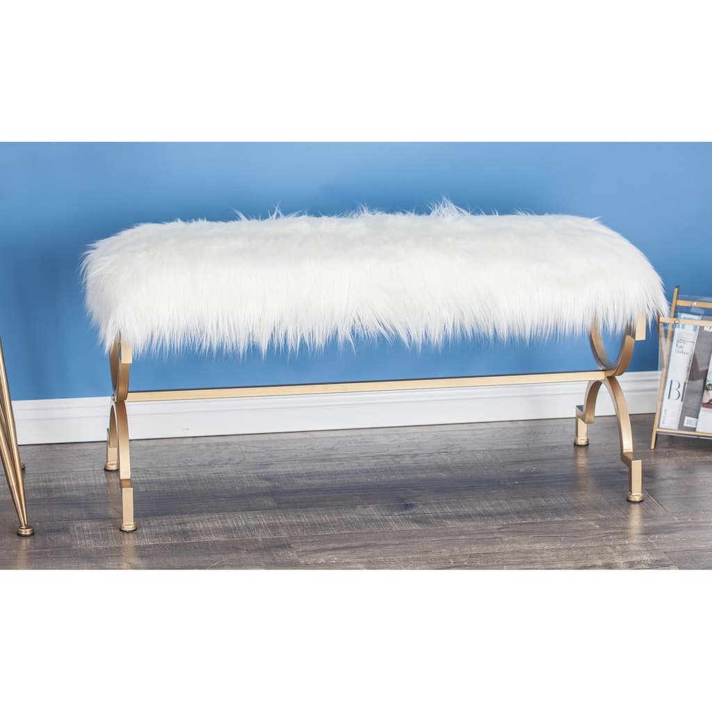 Grey or White Gold Metal Frame Plush Fabric Glam Vanity Bench Stool
