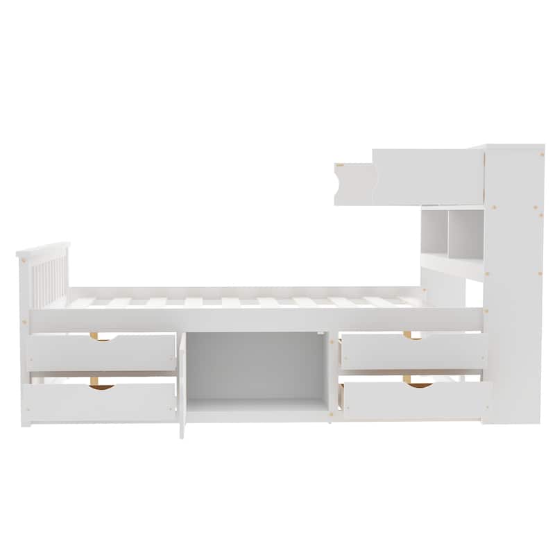 Full Size Captain Platform Bed Frame With Storage Bookcases And Shelves,Four Drawers