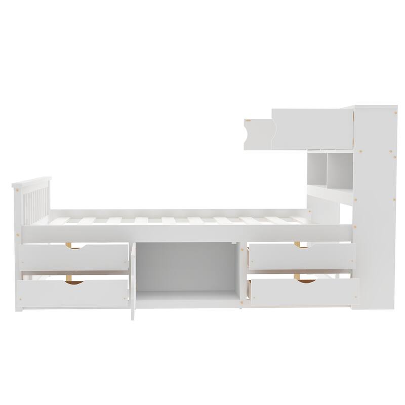Full Size Wooden Captain Platform Bed Frame with Storage Bookcases Headboard and 4 Drawers
