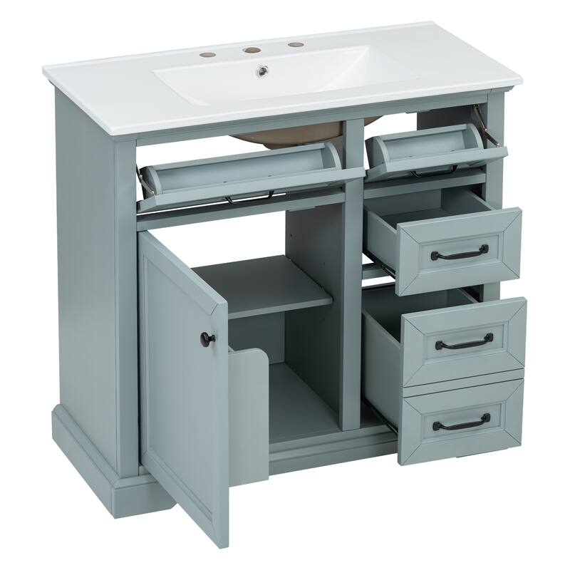 36'' Bathroom Vanity with Ceramic Sink, Solid Wood Frame Modern Storage Cabinet with Tip-Out Drawer & Soft Closing Doors
