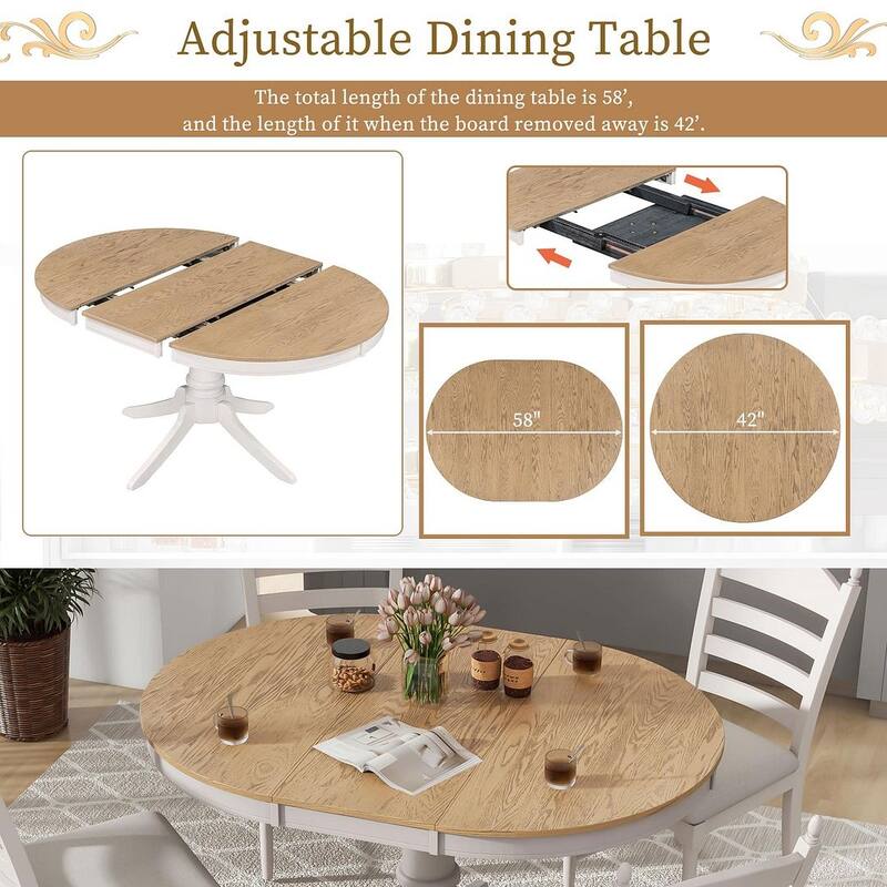 Wooden Round Drop Leaf Extendable Dining Table Set with 4 Upholstered Chairs
