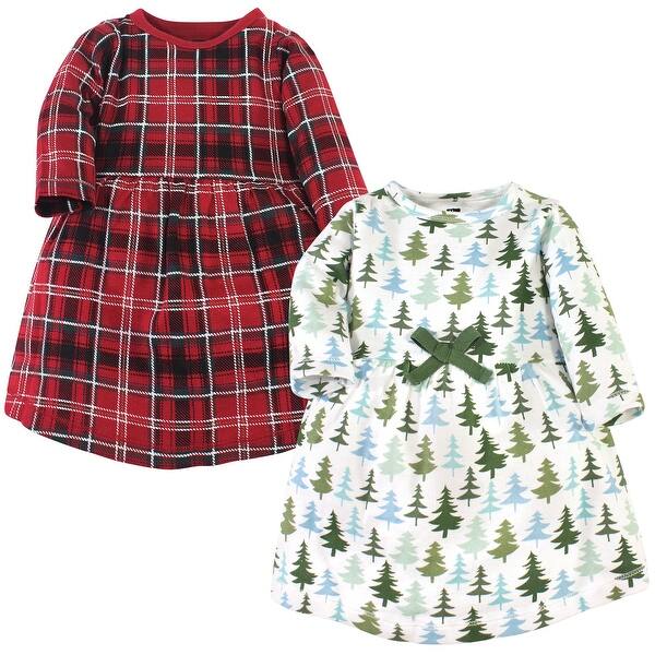 slide 1 of 1, Hudson Baby Toddler Girl Cotton Long-Sleeve Dresses 2pk, Evergreen Trees 2T - Evergreen Trees