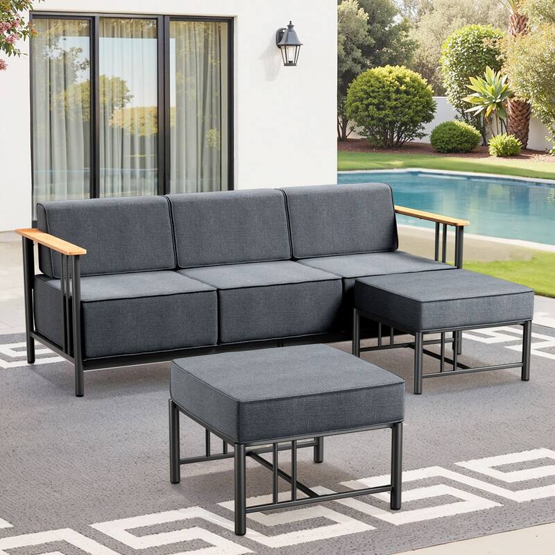 Outdoor Patio Funiture Set with Extra-Thick Seat cushion - Black & Dark Grey Cushion - 3PCS Sofa with Ottoman