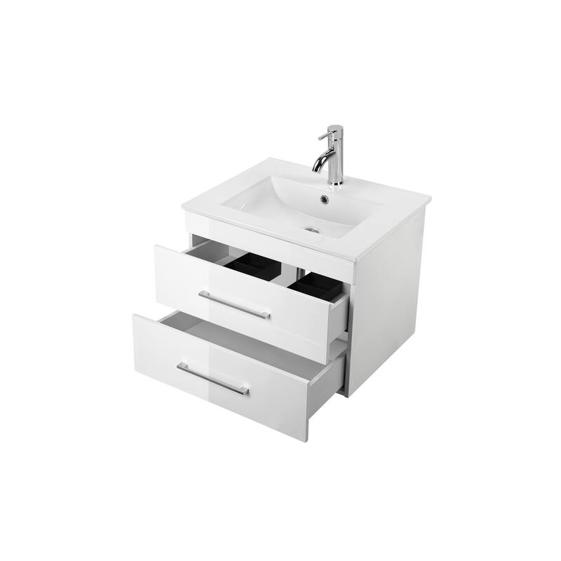GDFStudio - 24-Inch Gloss Wall-Mounted Bathroom Vanity with Double Drawers Ceramic Sink, and Aluminium Frame