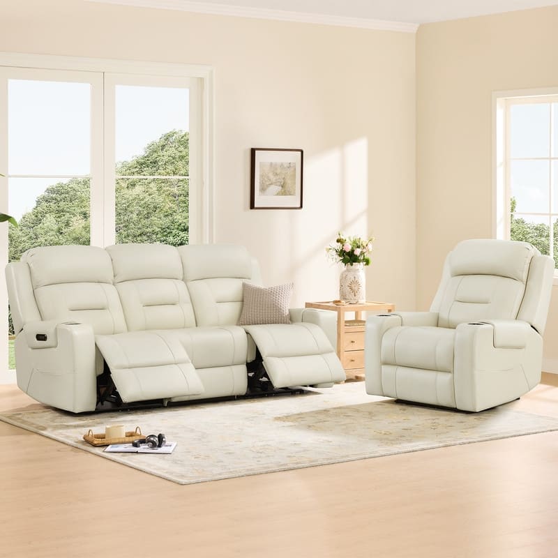 Spruce & Spring Genuine Leather Power Reclining Sofa with Wireless Charging