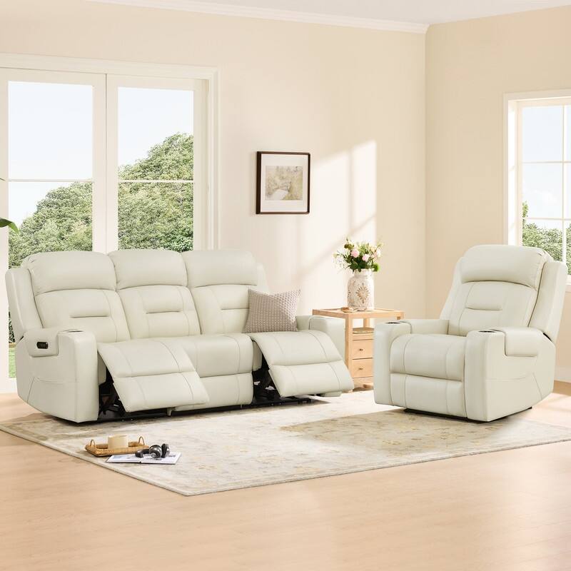 Spruce & Spring Genuine Leather Power Reclining Sofa with Wireless Charging