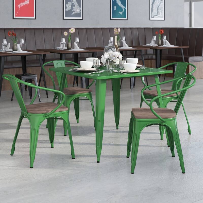 4 Pk. Metal Chair with Wood Seat and Arms - Green