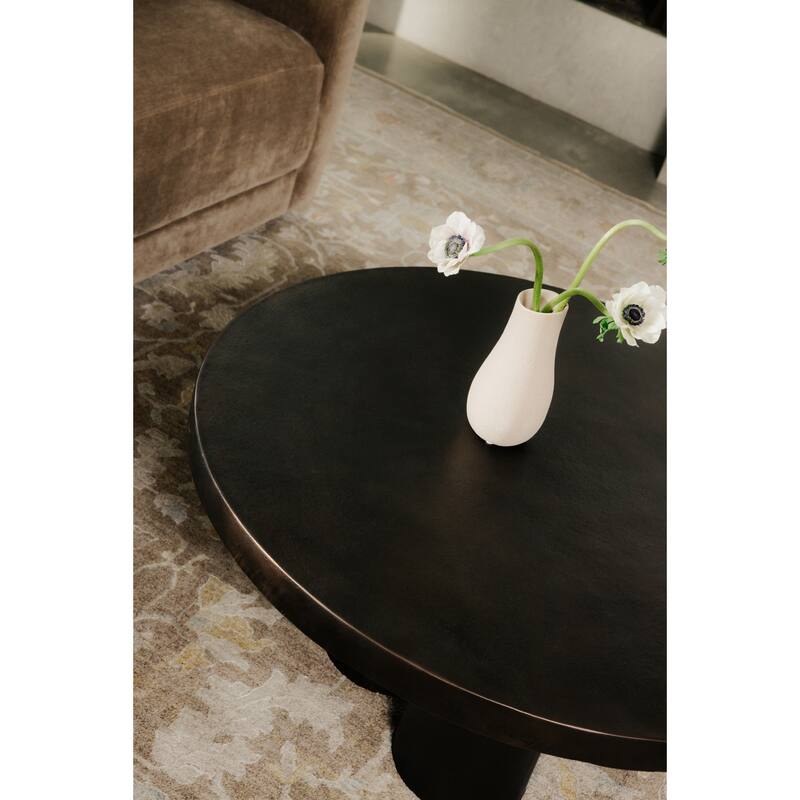 NADAAL STUDIOS Renric Outdoor Coffee Table, Round Cast Aluminum with Grooved Legs, Black Finish