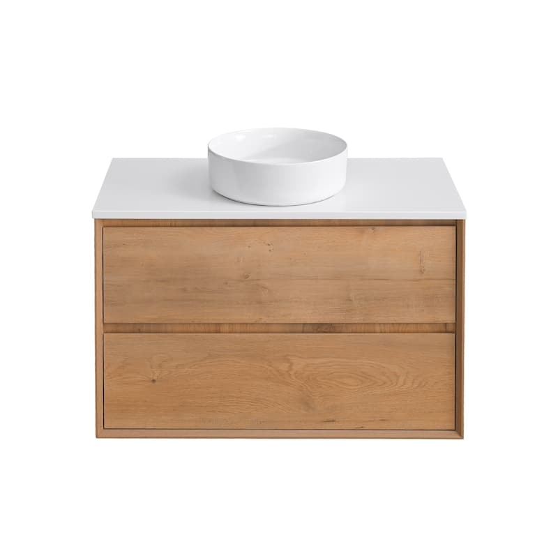 Sylphar 36 inch Toffee Oak Floating Bathroom Vanity with White Quartz Top - Round Sink Style