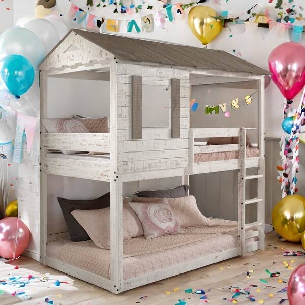 slide 2 of 14, Rustic Twin Over Twin Bunk Bed with Built-in Ladder ,Guardrails White