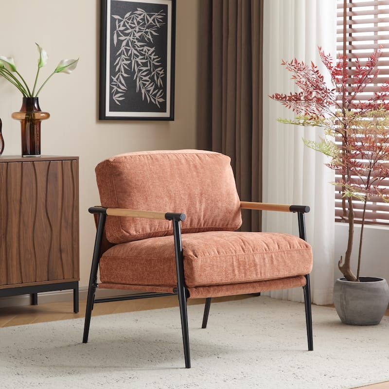 27.56" Modern Accent Chair with Plush Cushions, Minimalist Metal Frame, and Wooden Armrest Design
