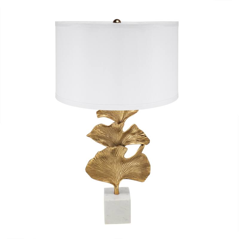D17x30.2" Gold Ginkgo Leaf Table Lamp with Marble Base and White Drum Shade (Lamp Shade Assembly Required)