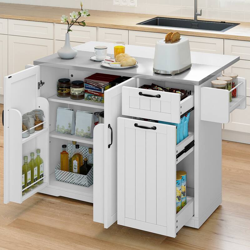 Moasis 47.2" Drop Leaf Kitchen Island with Stainless Steel Top and Wheels & Pull-Out Cabinet