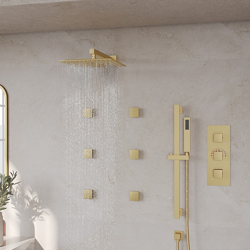 GRANDJOY Thermostatic Shower Faucet Set 12" Wall Mount Rainfall Shower Head Handheld Spray with Slide Bar Body Jets