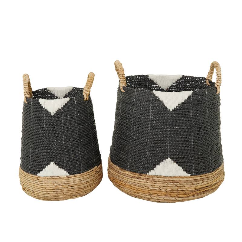 Banana Leaf Handmade Triangle Details Storage Basket with Handles - Set of 2 Black or White - CosmoLiving by Cosmopolitan