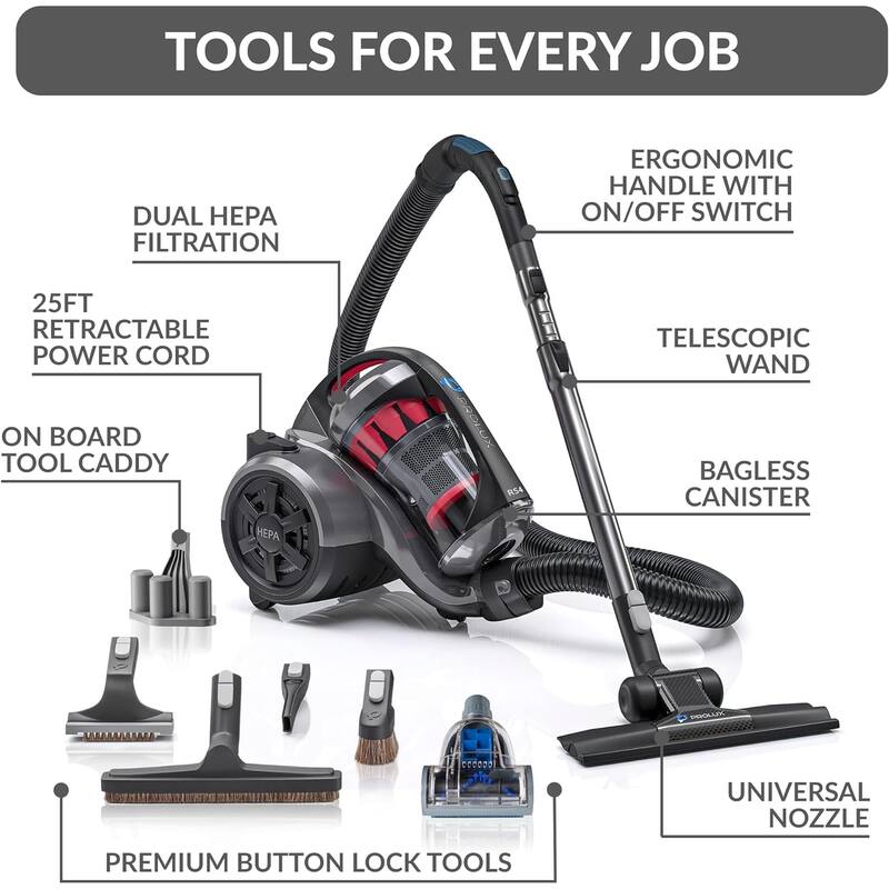 Prolux RS4 Lightweight Bagless Canister Vacuum with Dual HEPA Filtration Premium Button Lock Tools and Automatic Cord Rewind