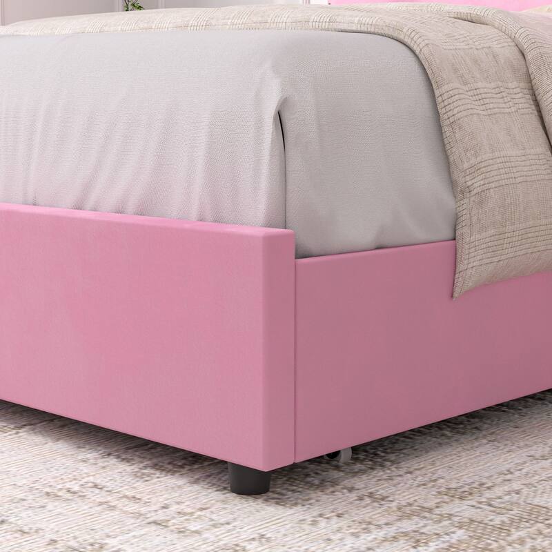 VECELO Upholstered Bed Frame with 4 Storage Drawers Full Queen Heavy Duty Platform with Adjustable Linen Headboard