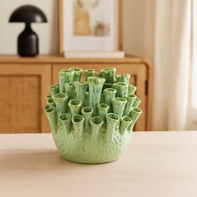 Cior Decorative Vase, Coral Shape Design, 11 Inch Green Ceramic Body