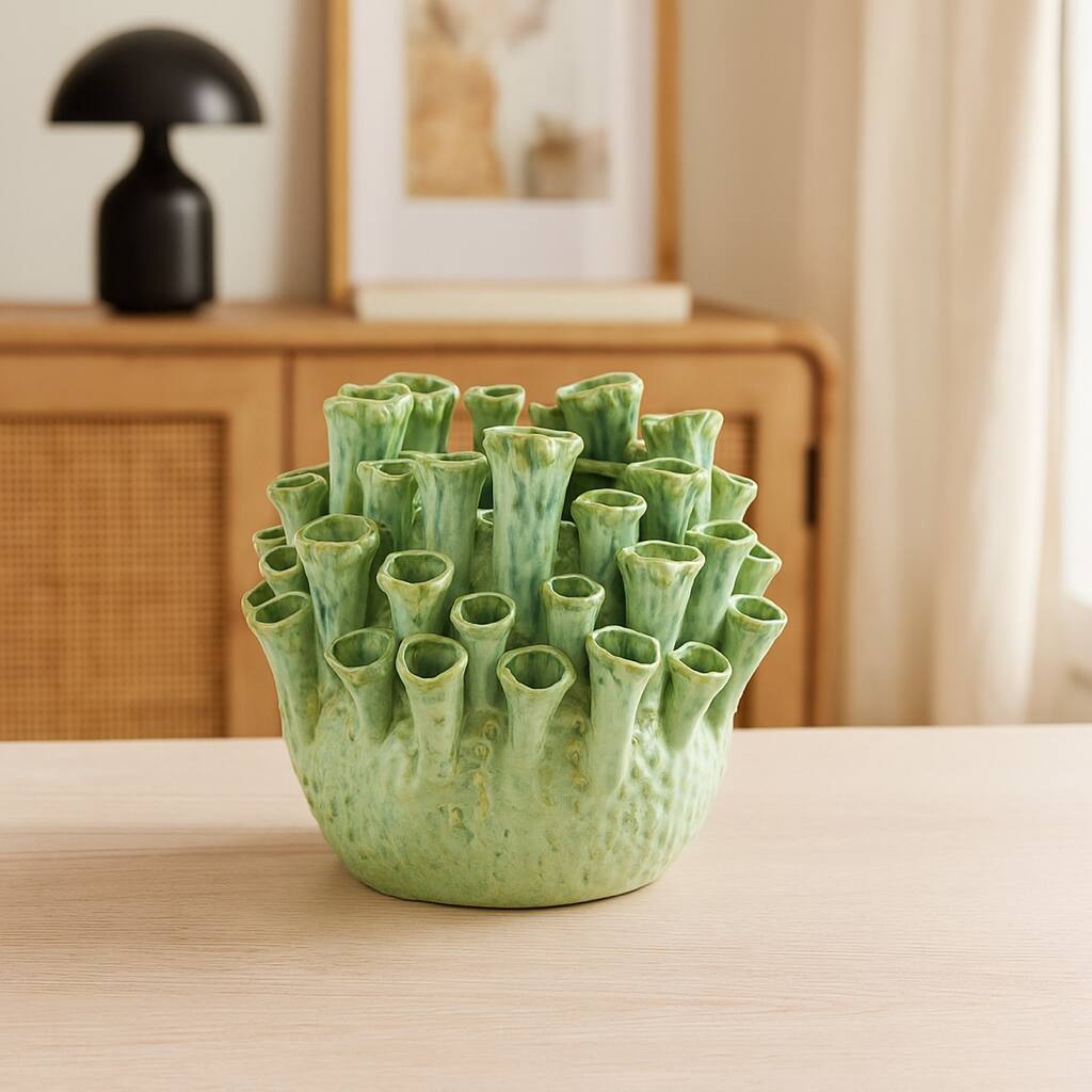 Cior Decorative Vase, Coral Shape Design, 11 Inch Green Ceramic Body