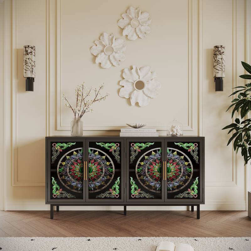 4-Door Accent Cabinet, Painted Glass Buffet Cabinet with Metal Frame