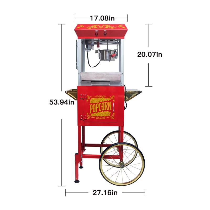 8oz Popcorn Machine with Cart, Stainless Kettle and Warming Deck